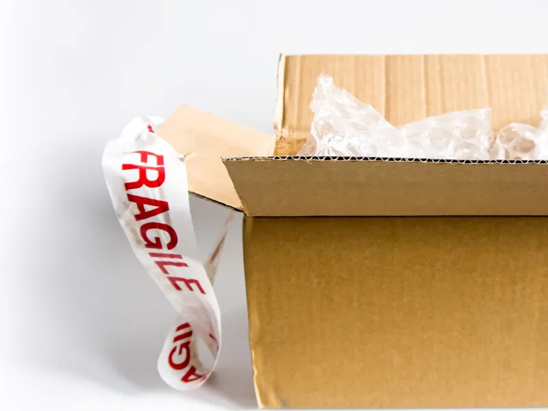 Fragile items packed with bubble wrap and fragile tape for safe house shifting
