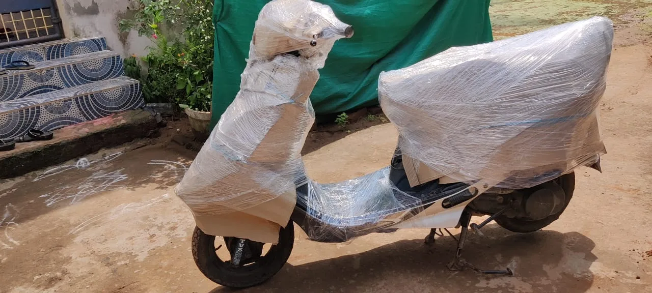 Scooter packed for bike transport from Rajahmundry