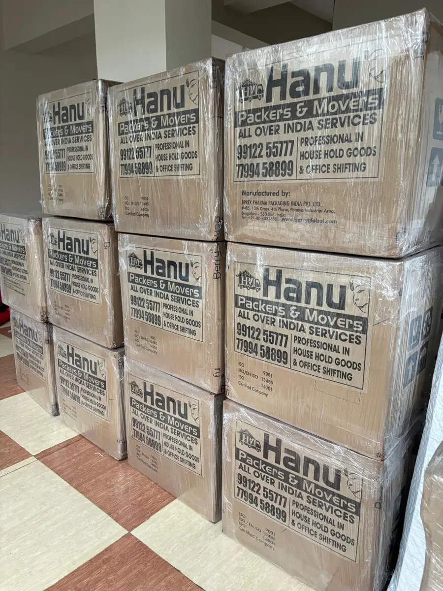 Hanu Packers and Movers branded moving cartons packed and stretch-wrapped for house shifting